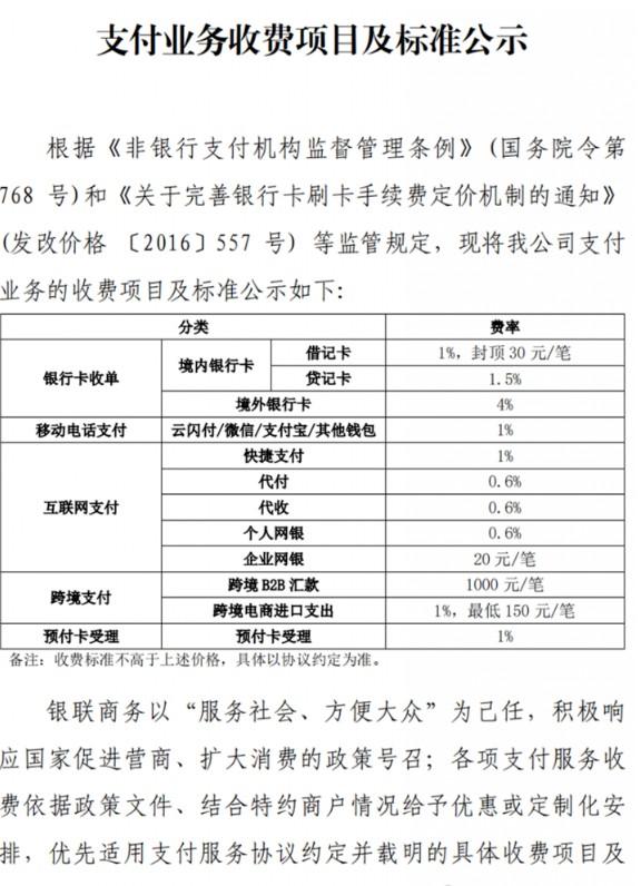 銀聯商務POS機貸記卡1.5%費率